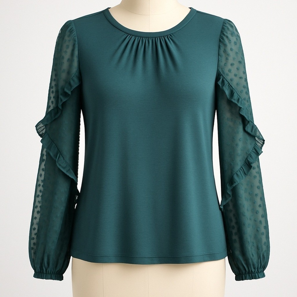 Forest Fairy Sheer Long Sleeve Top Size M Green Polka Dot Ruffle Romantic Whimsy